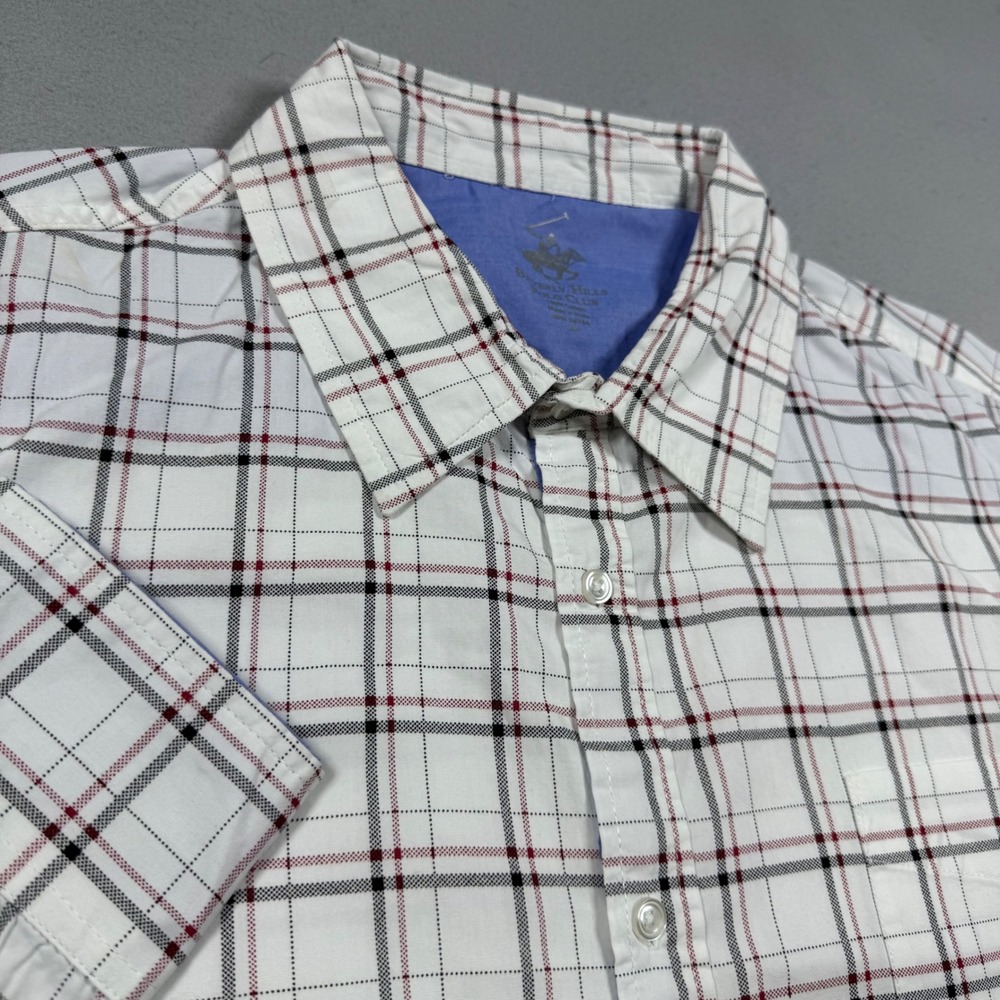 Beverly Hills Polo Club Mens White Red Plaid Cotton Button Down Shirt 2X